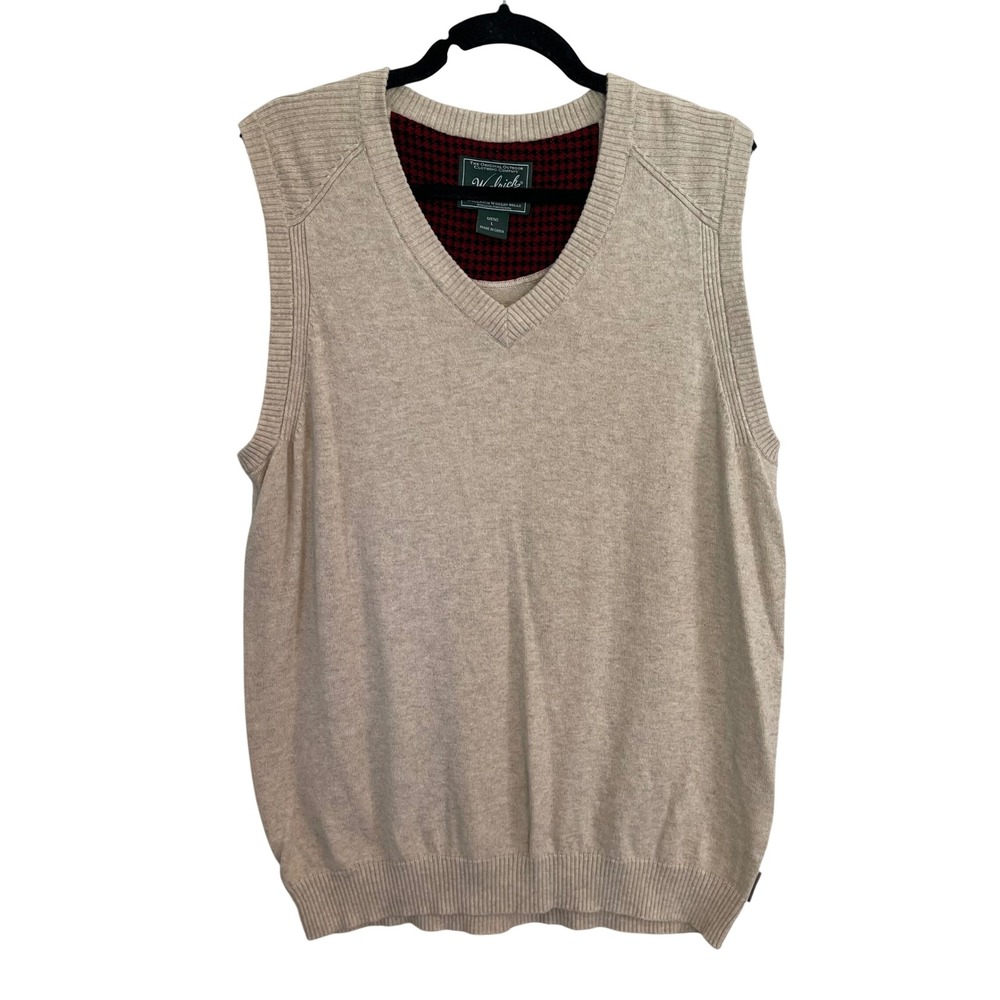 Woolrich Mens V-Neck Sweater Vest Beige Oatmeal Cotton Wool Blend Large 13038